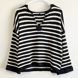 Blu Pepper Stripe Split Neck Lightweight Knit Sweater